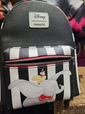 Loungefly Disney Dumbo Black White Striped Mini Backpack with Red Accents